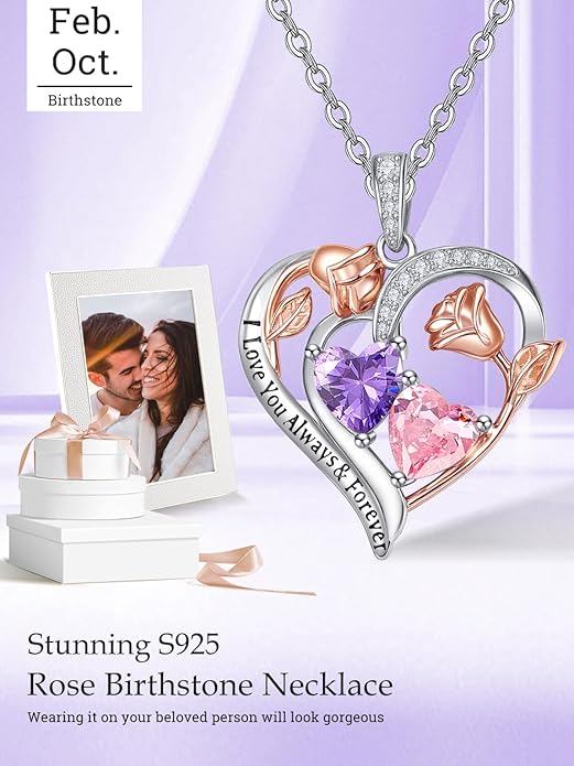 Valentine's Day Gifts for Wife 925 Sterling Silver Double Birthstone Pendant Necklaces I Love You for Always and Forever Necklace Anniversary Birthday Gifts for Wife Girlfriend Mom Her