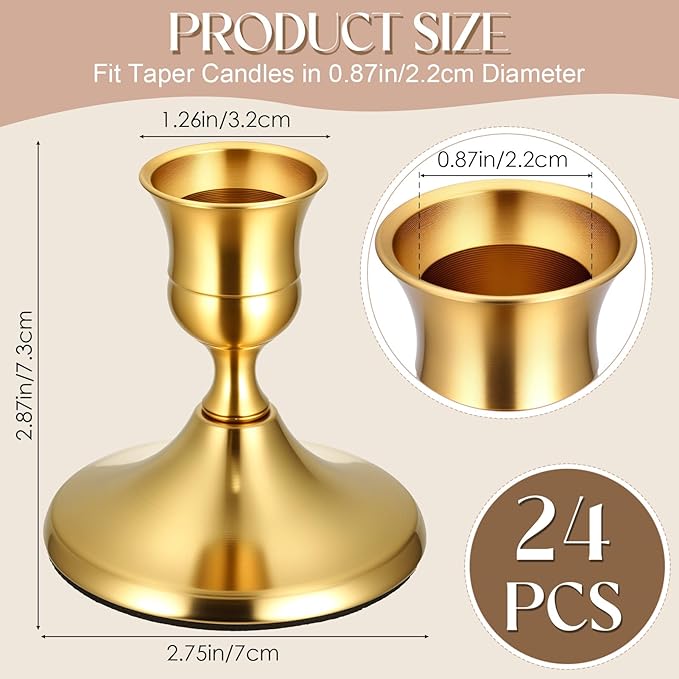 24PCS Brass Gold Taper Candle Holders, Vintage Metal Candlestick Holders | - Image 5
