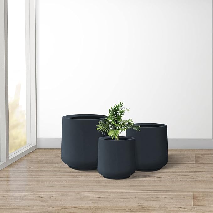 Kante Set of 3 Charcoal Concrete Curved Planters 16.5" 13" 9.4" Dia | Drainage - Image 4