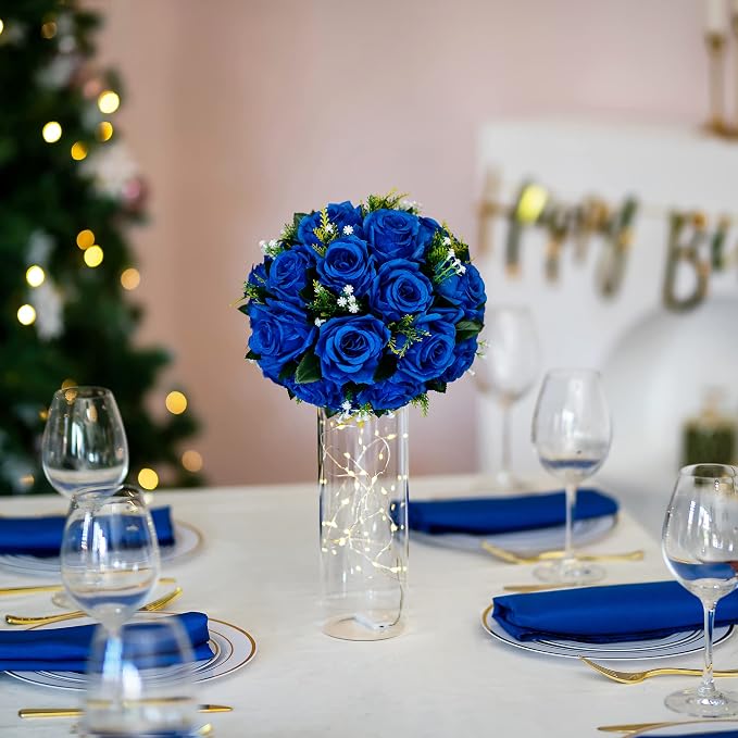 BLOSMON Royal Blue Flowers for Decoration: 10 Pcs Fake Roses Kissing Balls for - Image 7