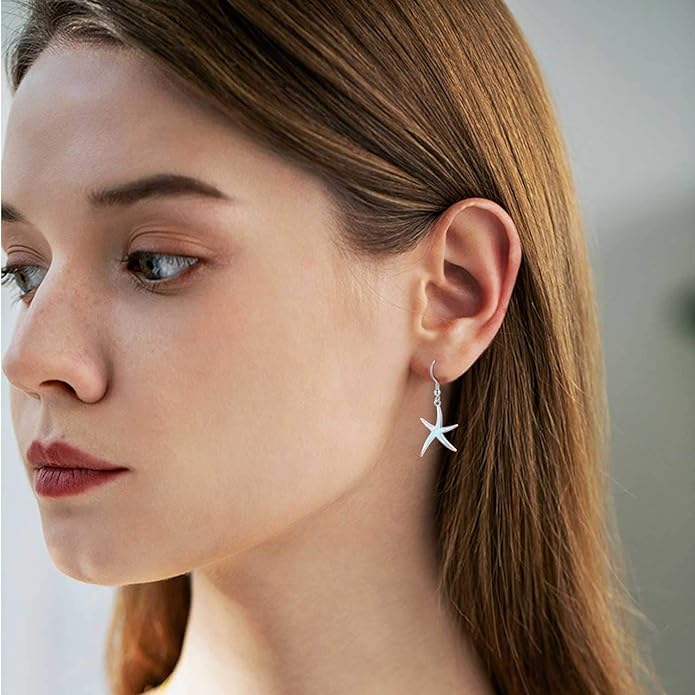 925 Sterling Silver Starfish Earrings With Opal Fish Hoops, Nautical Hawaiian Sea Beach Jewelry for Women and Starfish Lovers