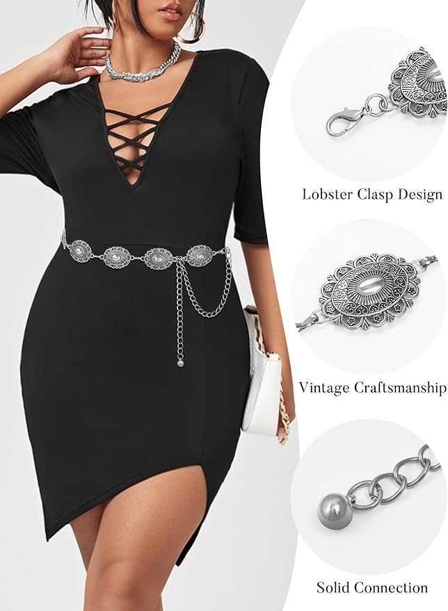 FIORETTO Metal Waist Chain Link Belt for Women Western Cowgirl Boho Turquoise Belts for Dress Jeans Country Concert Outfit