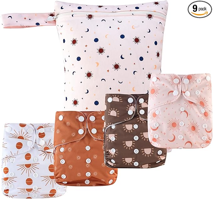 HappyFlute 9 Sets Newborn Baby Cloth Pocket Diapers One Size Adjustable Reusable Washable for Baby Boys and Girls(6-33 pounds,0-3 Years),One Wet Bag+4Diapers and 4Inserts