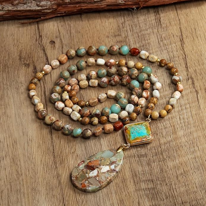 Yomisa Boho Necklaces for Women Men Long,33/34/35 Inch Natural Turquoise Tiger Eye Beaded Stone Pendant Necklaces for Women Trendy,Handmade Bohemian Western Bead Necklace Fashion Charm Jewelry Gift
