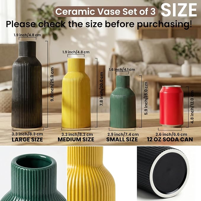 Colorful Ceramic Vases Set of 3, Smooth Vertical Ribbed, Minimalist - Image 2