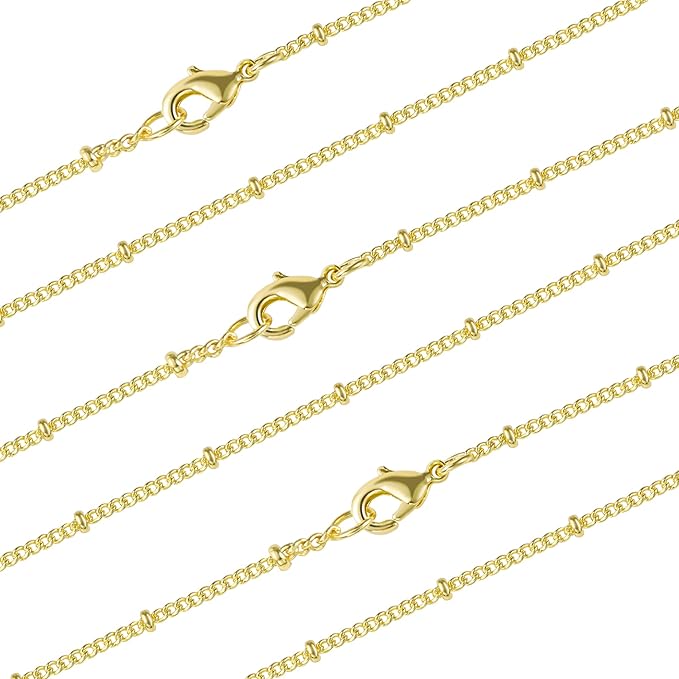 12PCS Gold Plated Solid Brass Chians Satellite Beaded Ball Curb Thin Chain Necklace Bulk for Jewelry Making (20 Inch(1.5mm))
