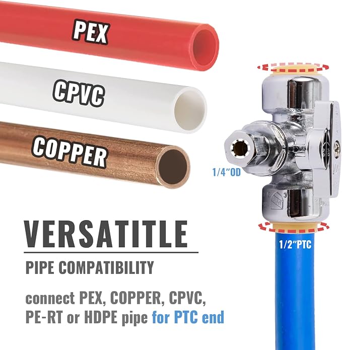 Service Tee Stop Valve, 1/2" Ptc x 1/2" Ptc x 1/4" Comp, Water Valve Shut Off - Image 3