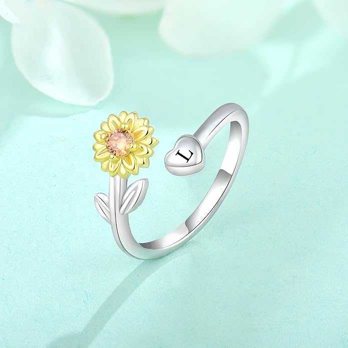 STARCHENIE Sunflower Initial Ring for Women 925 Sterling Silver Letters A-Z 26 Alphabet Adjustable Ring Size 7