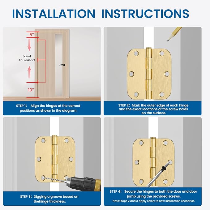 HOSOM 12 Pack Brushed Brass Door Hinges 3.5 Inch Gold Door Hinge - Image 6