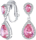 Vintage Style Bridal Cubic Zirconia Simulated Gemstone AAA CZ Halo Dangle Teardrop Chandelier Clip On Earrings For Women Silver Rose Gold Plated in Black Purple Blue Red Rose Pink Green Clear