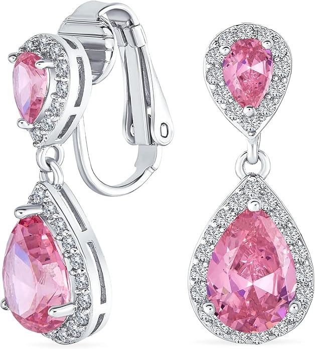 Vintage Style Bridal Cubic Zirconia Simulated Gemstone AAA CZ Halo Dangle Teardrop Chandelier Clip On Earrings For Women Silver Rose Gold Plated in Black Purple Blue Red Rose Pink Green Clear