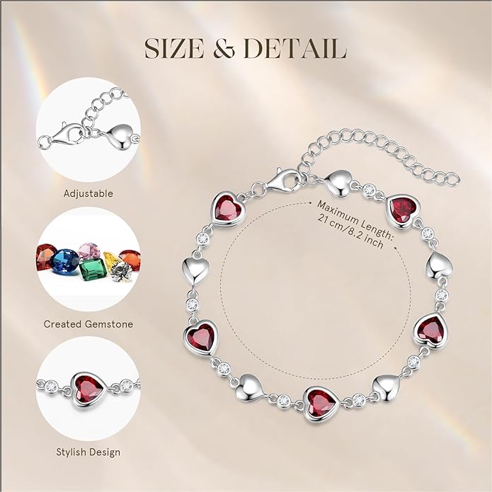 Carleen Birthstone Bracelets for Women 925 Sterling Silver Five Heart Station Created Gemstone Tennis Bracelet Jewelry Anniversary Birthday for Wife, 7"+1.2" Extender
