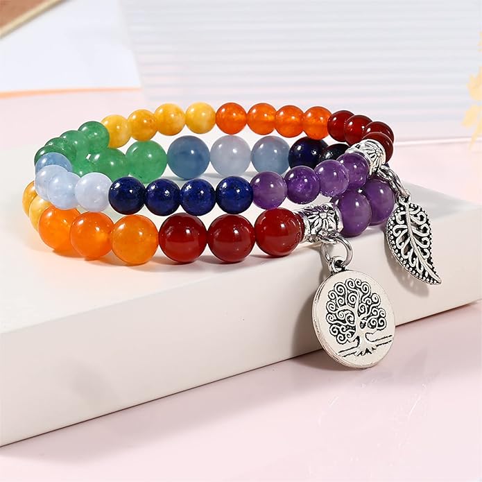 Bivei Natural Semi Precious Gemstone beads bracelet for women - Life Tree and Leaf Charm Energy Reiki Crystal Stretch Bracelets