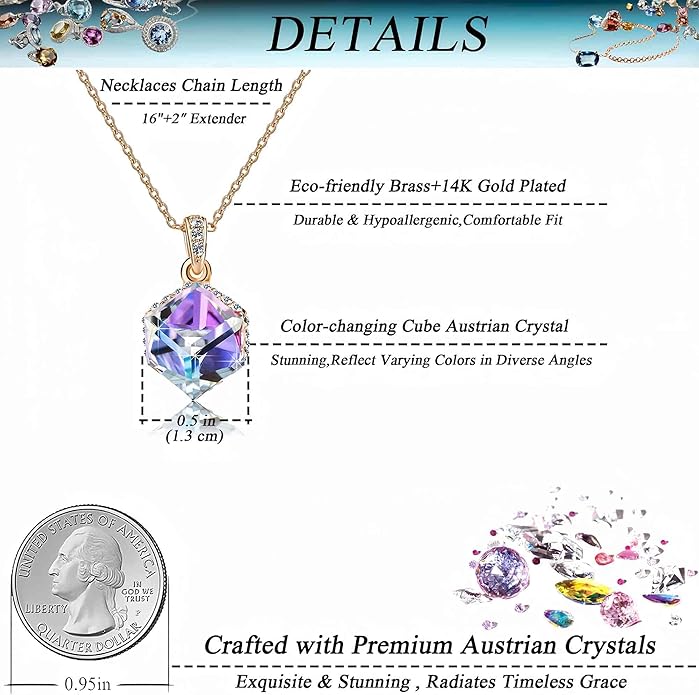 EVEVIC Color Changing Cubic Austrian Crystal Pendant Necklaces for Women 14K Gold Plated Hypoallergenic Jewelry