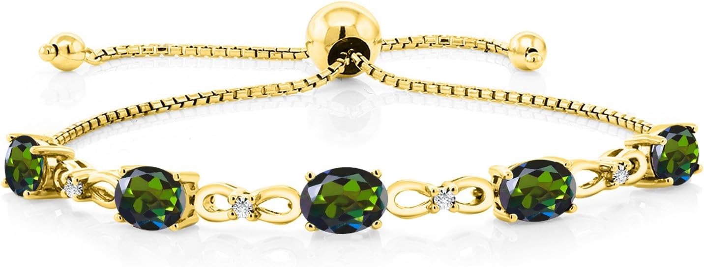 Gem Stone King 7X5MM Oval Cut Gemstone Birthstone and Accent Lab Grown Diamond Tennis Bracelet For Women In 18K Yellow Gold Plated Silver | Adjustable Bolo Bracelet For Women | Easy-On Easy-Off