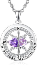Compass Necklace for Women, Exquisite S925 Valentines Day Anniversary Birthday Gifts for Wife Her Double Birthstone Pendant Jewelry ‘I'd be Lost Without You’