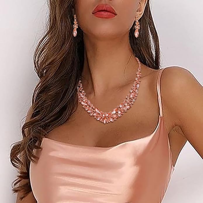 BriLove Women's Wedding Bridal Austrian Crystal Marquise Cluster Collar Necklace Dangle Earrings Set