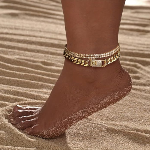 14K Gold Anklets for Women Waterproof Rhinestone Ankle Bracelet Layered Cuban Link Chain Diamond Anklet Beach Jewelry for Women
