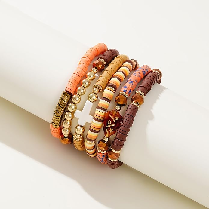 GOOJIDS Surfer Heishi Clay Bead Bracelets for Women Bohemian Stackable Gold Plated Beaded Stretch Bracelets Elastic Layering Friendship Bracelets Set Boho Jewelry