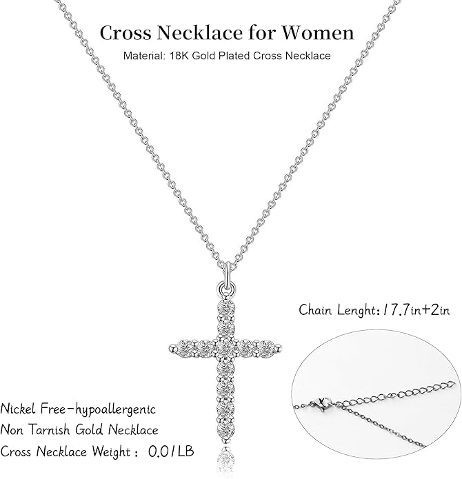 Crown Cross Necklace for Women, 14K Gold Silver Cubic Zirconia Crown Cross Necklace, Diamond Gold Silver Cross Necklaces, Dainty Cross Faith Simple Trendy Charm Jewelry Gift for Women