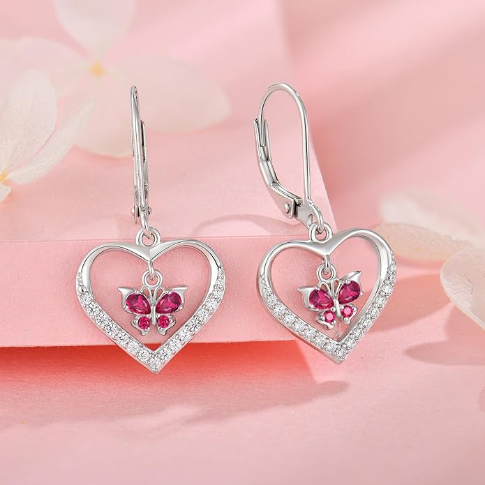 Butterfly Birthstone Heart Dangle Drop Earrings, 925 Strlings Silver 5A Cubic Zircon Leverback Earrings Jewelry Anniversary Birthday Gifts for Women