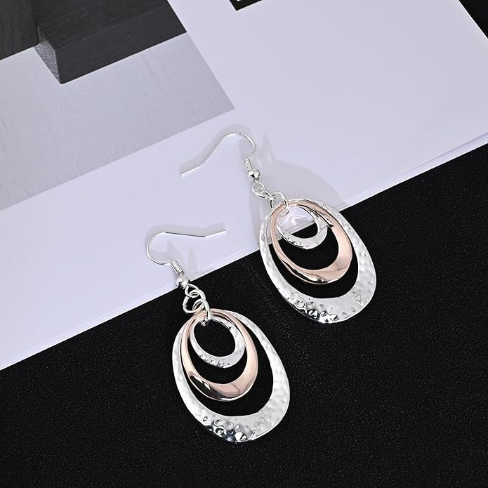 Boho Three Oval Drop Dangle Earrings Silver Earrings for Women Trendy Two Tone Bohemian Jewelry for Thanksgiving and Christmas Gifts