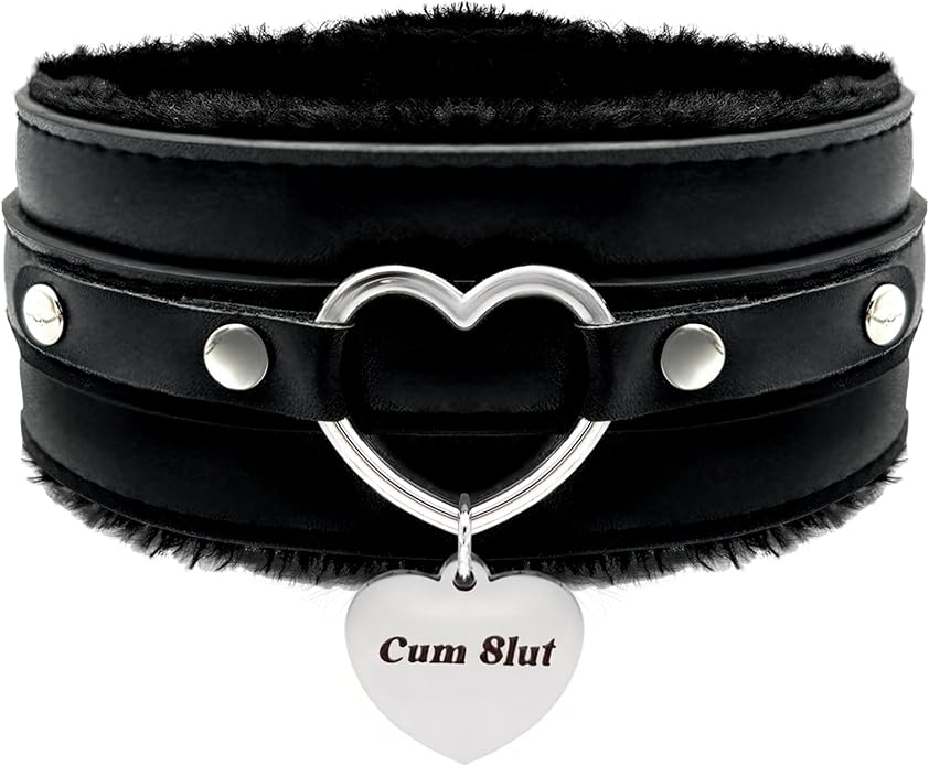 paloli Furry Heart Leather Choker Collar for Women – Personalized Engraved Heart Pendant, Handmade Adjustable Faux Fur Necklace, Cute Gothic Fashion Jewelry