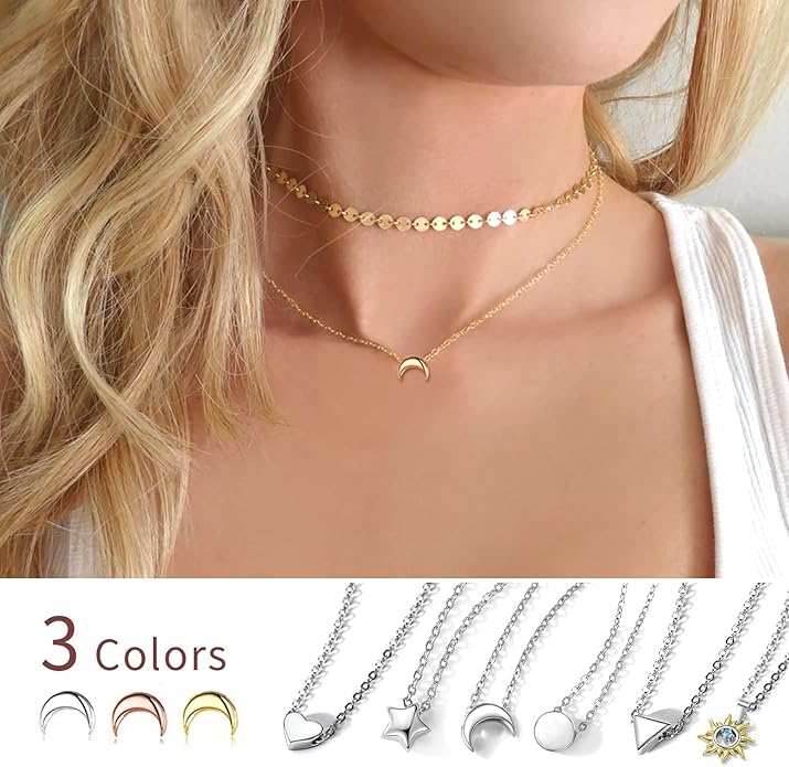 ChicSilver Personalized 925 Sterling Silver Dainty Small Heart/Star/Moon/Dot/Triangle Pendant Necklace for Women, Silver/Gold/Rose Gold/Black (with Gift Box)