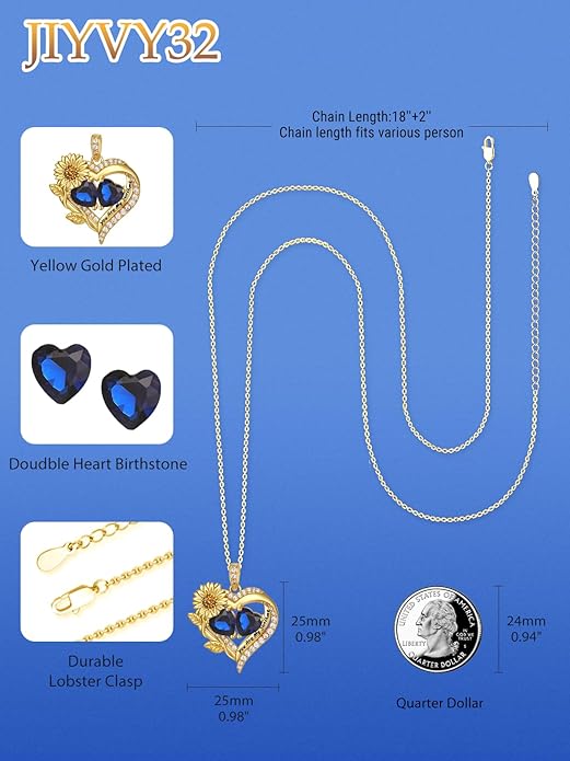 Sunflower Heart Necklace for Women 14K Gold Exquisite Valentines Day Anniversary Birthday Gifts for Wife Mother Her Double Birthstone Pendant Jewelry‘You Are My Sunshine’
