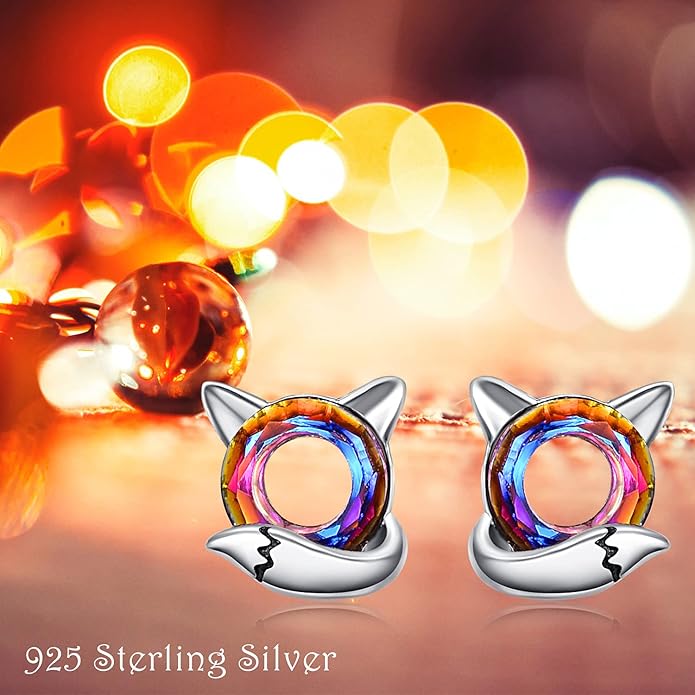 KINGWHYTE Fox Earrings 925 Sterling Silver Animals Earrings Cute Crystal Fox Stud Earrings Hypoallergenic Earrings Birthday Christmas Jewelry Gifts for Women