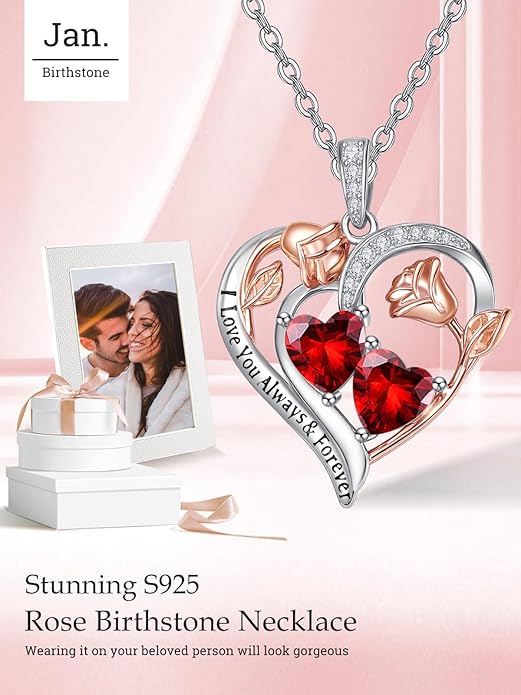 Valentine's Day Gifts for Wife 925 Sterling Silver Double Birthstone Pendant Necklaces I Love You for Always and Forever Necklace Anniversary Birthday Gifts for Wife Girlfriend Mom Her