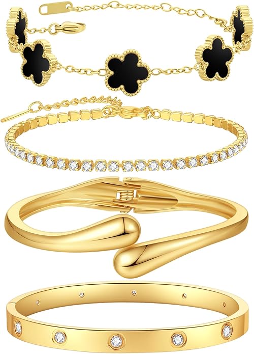 PDWZNBA 18K Gold-Plated Bracelet Set – Floral Clover, Tennis, Chunky Adjustable Twist Cuff, Classic Gold-plated Bangle Stainless Steel, Non Tarnish, Stackable Bracelet Gift for Women