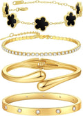 PDWZNBA 18K Gold-Plated Bracelet Set – Floral Clover, Tennis, Chunky Adjustable Twist Cuff, Classic Gold-plated Bangle Stainless Steel, Non Tarnish, Stackable Bracelet Gift for Women
