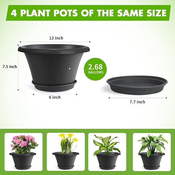 Quarut 12 Inch Pots for Plants, 4 Pack Large Flower Pots - Image 4