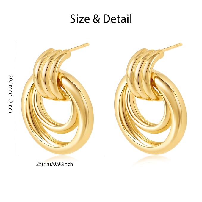 Gold-Plated Chunky Earrings, Knot Link Circle Drop Dangle Statement Studs for Women