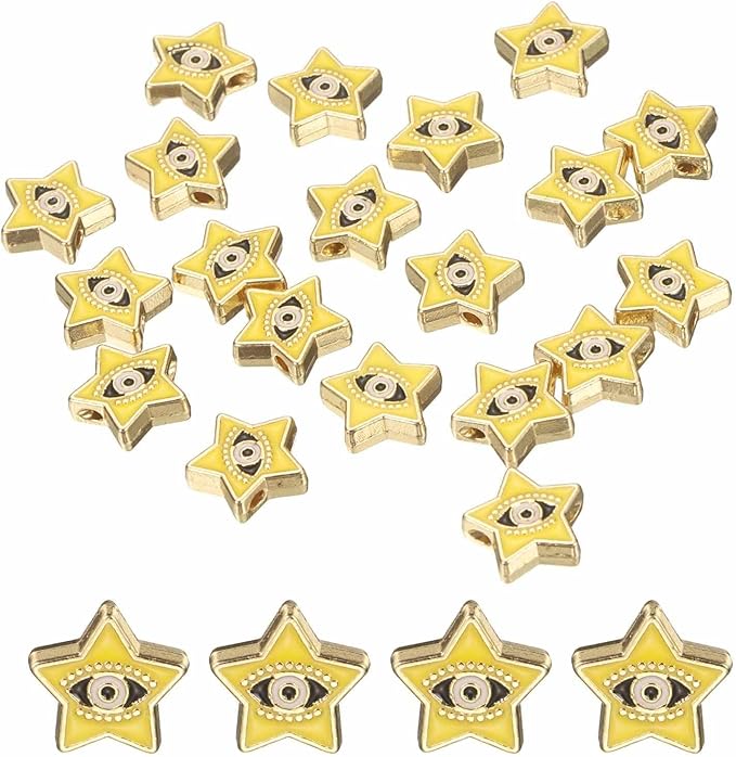 MECCANIXITY 20 Pcs Star Evil Eye Beads Colorful Flat Loose Spacer Evil Eye Charms for DIY Bracelet Earrings Necklace Crafts Jewelry Making, Yellow