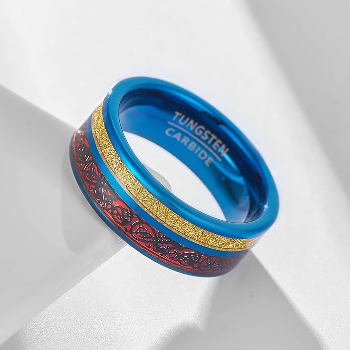 | Dual Dragon & Cloud Band - 8mm Wide Blue Tungsten Wedding Ring | Unisex Oriental Design