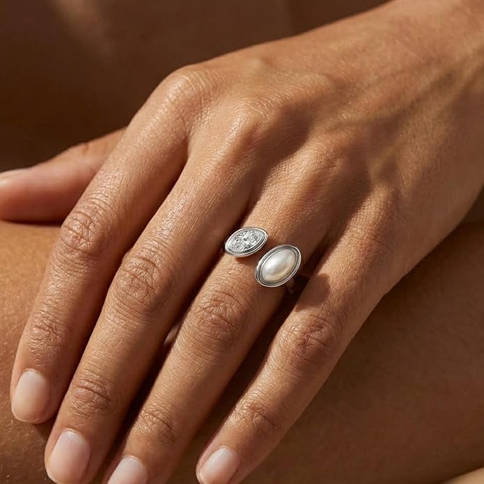 Mchic Adjustable Chunky Rings for Women: Dainty Natural Gemstone Ring Stainless Steel 18K Gold/Silver Plated Band Rings Non Tarnish Waterproof Statement Fashion Jewelry Gift for Women