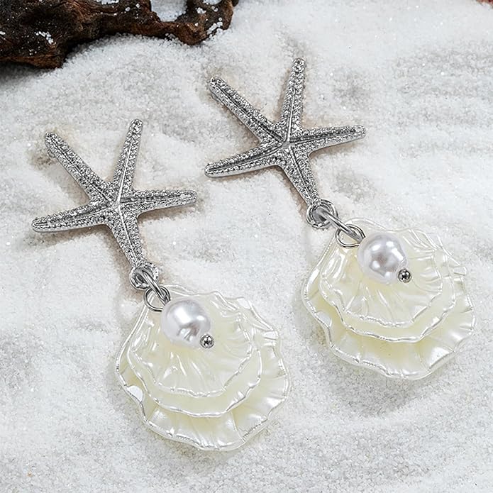 Seashell Starfish Earrings Beach Jewelry for Women Pearl Drop Shell Earrings Ocean Beachy Fashion Accessories Womens Summer Outfits 2026 Tropical Vacation Outfits Beach Vacation Clothes Dresses