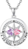 Compass Necklace for Women, Exquisite S925 Valentines Day Anniversary Birthday Gifts for Wife Her Double Birthstone Pendant Jewelry ‘I'd be Lost Without You’