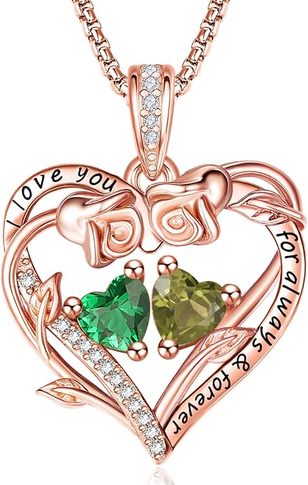 Rose Heart Necklaces for Women, Rose Gold Forever Love Jewelry with 2 Birthstones Pendant,Valentines Anniversarry Birthday Gifts for Her Wife Mom Grandma Daughter, 18+2 Inch Chain