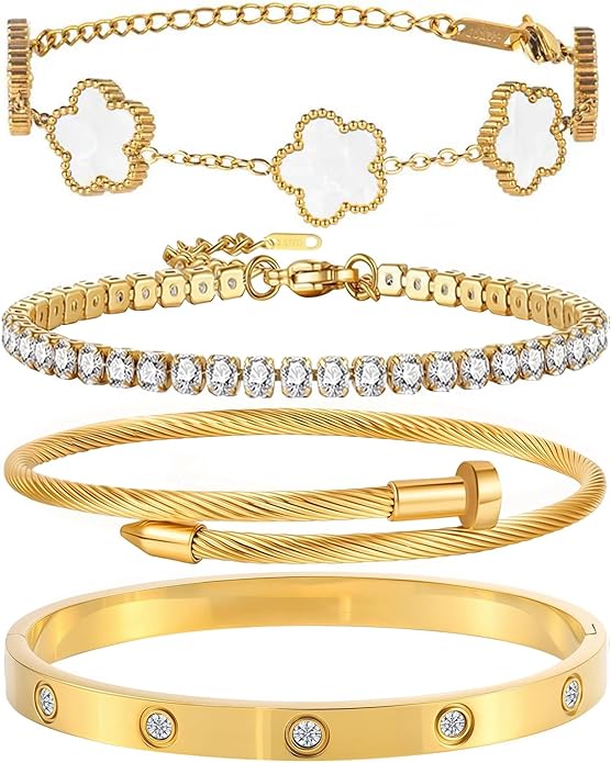 18K Gold Plated Nail Love Bangle Bracelet Set for Women Stackable Floral Clover Adjustable Tennis Bracelet Non Tarnish Gift Jewelry for Christmas Valentines Birthday Mother's Day