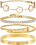 18K Gold Plated Nail Love Bangle Bracelet Set for Women Stackable Floral Clover Adjustable Tennis Bracelet Non Tarnish Gift Jewelry for Christmas Valentines Birthday Mother's Day