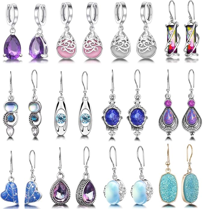 12 Pairs Teardrop Druse Crystal Drop Dangle Earrings for Women Cubic Zirconia Huggie Hoop Earring Jewelry Set Christmas Gifts