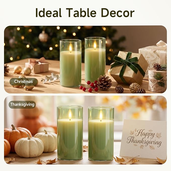 Homemory Sage Green Glass Flameless Candles, Real Wax, Remote Timer, 2 Pack | - Image 4