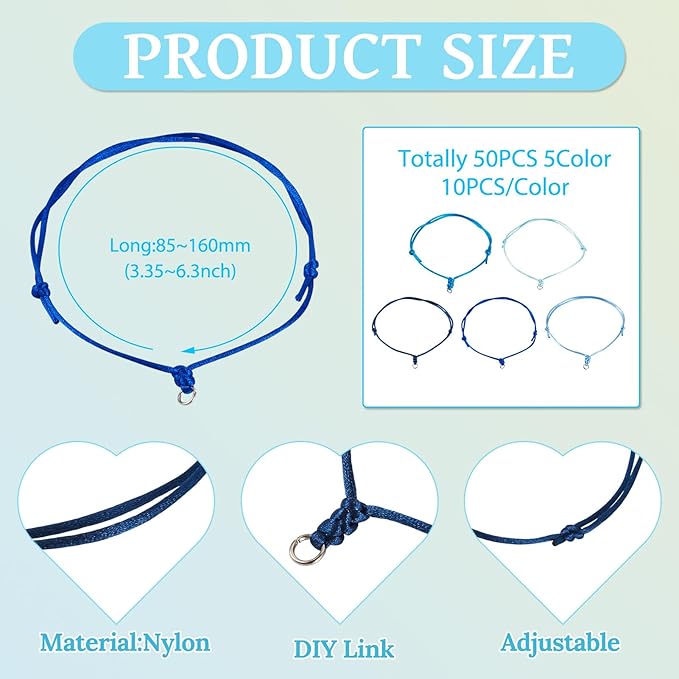 50Pcs Adjustable Braided Cord Colorful Waxed Thread Half Finished Bracelet with Jump Rings Knotting Bracelet Ropes for Wrist DIY Women Jewelry Friendship Bangle Decor 8.5-16cm Long-Blue