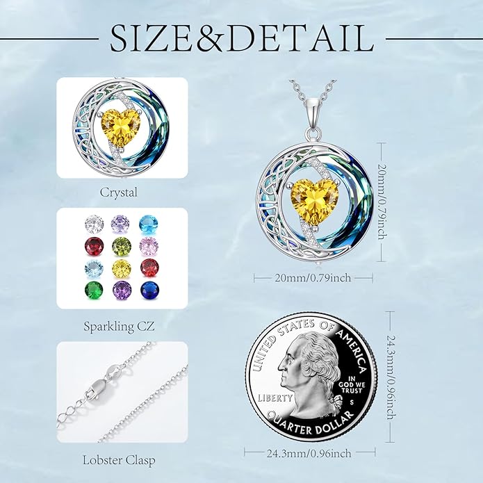 Valentines Day Gifts for Women, Birthstone Necklace for Women, Celtic Moon Pendant Blue Crystal Necklace Heart Jewelry Anniversary Jewelry Gift for Daughter Wife Mother Sister