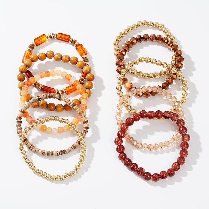 GOOJIDS Surfer Heishi Clay Bead Bracelets for Women Bohemian Stackable Gold Plated Beaded Stretch Bracelets Elastic Layering Friendship Bracelets Set Boho Jewelry