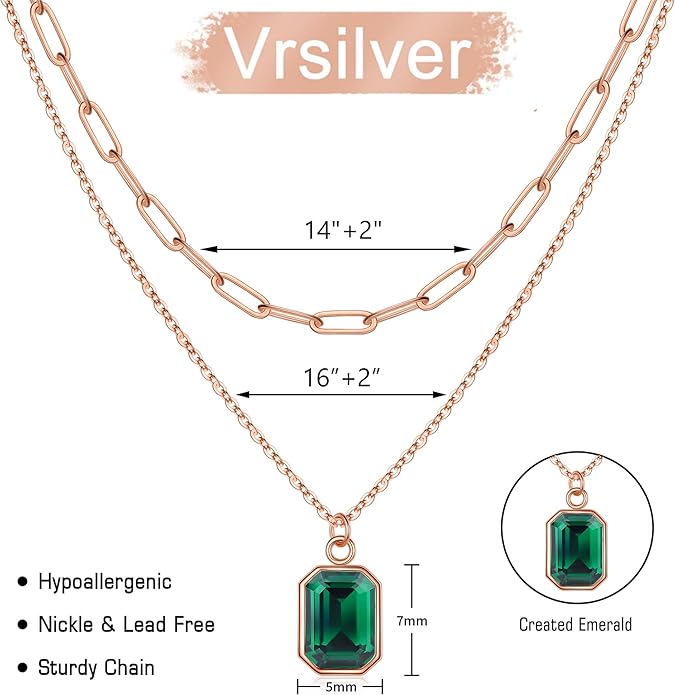 Layered Birthstone Necklace for Women Girls, 14K Gold-Plated Paperclip Chain Choker Necklace with Rectangle Birthstone Pendant Birthday Gifts for Women Girls Dainty Small
