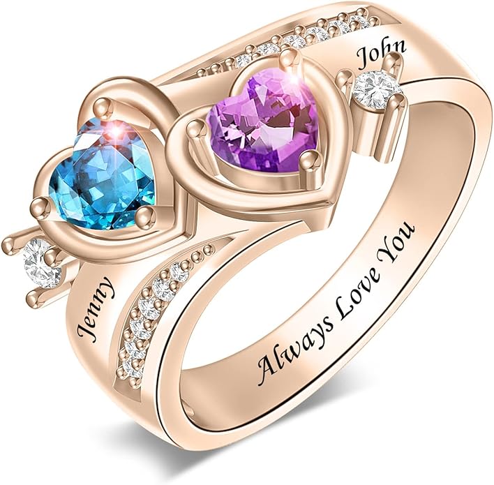 Personalized Heart Birthstone Rings for Women with 2 Birthstones Custom Name Rings for Couple Mother Daughter Jewelry Gift for Mother Her Christmas